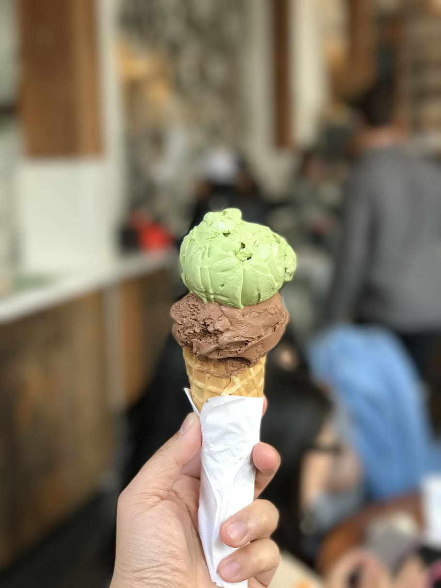 ice-cream, dessert, cone, human hand, holding, sweet, focus on foreground HD wallpaper
