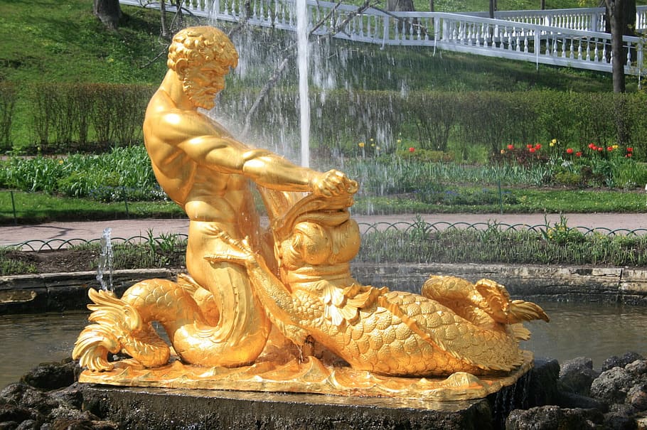 Fountain, Water, Spout, Statue, Bronze, man, triton, sea monster HD wallpaper