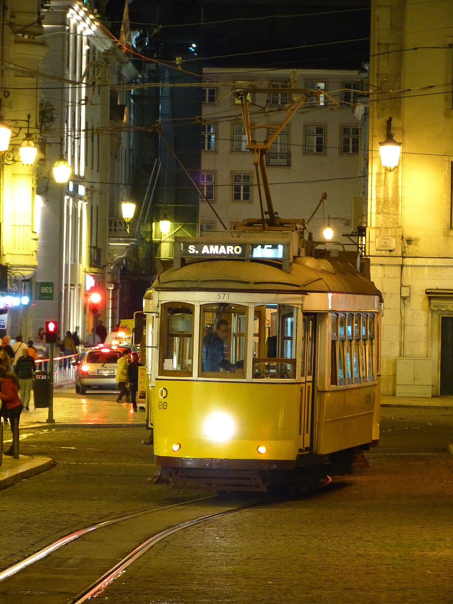 lisbon, tram, drive, transporting night, at night, portugal, HD wallpaper