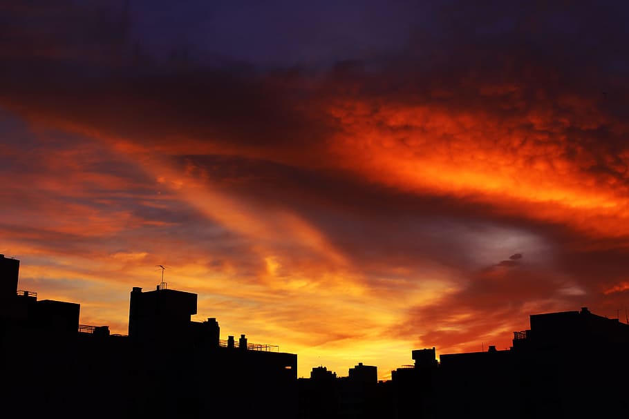silhouette of buildings under scarlet sky, silhouette photo of building during golden hour HD wallpaper