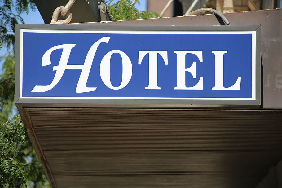 hotel, sign, house, text, communication, blue, western script HD wallpaper