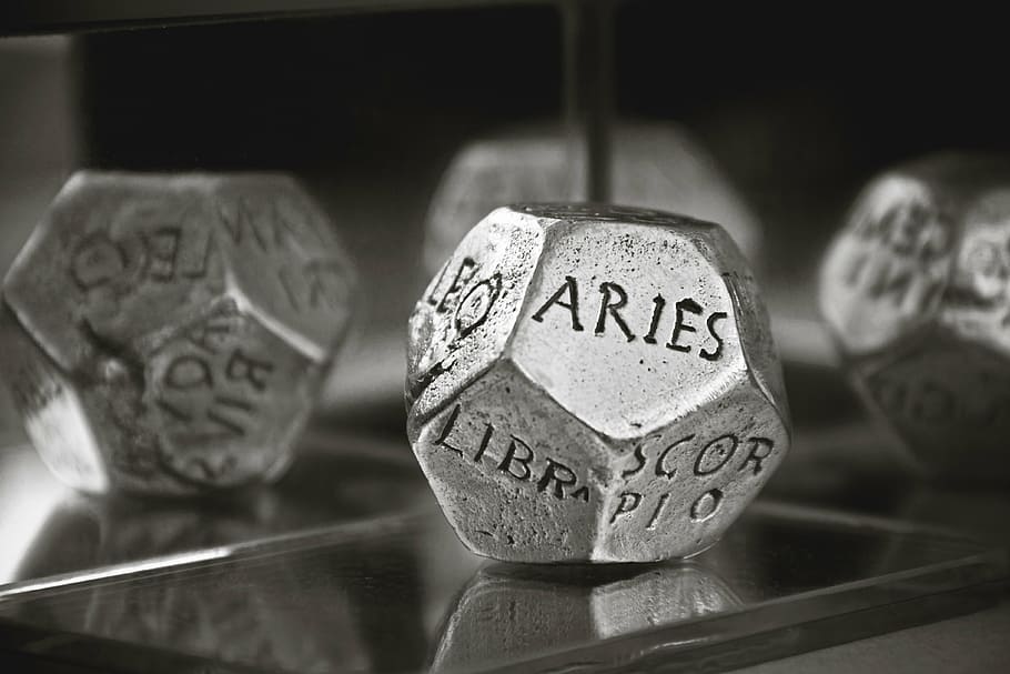 grey stainless steel dice, concept, astrology, aries, universe