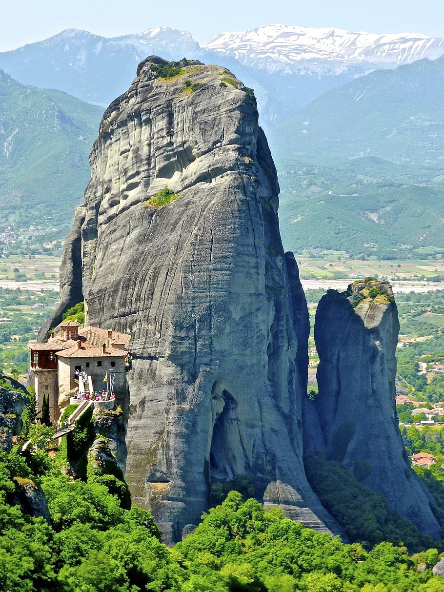 boulder, rock, stone, natural, meteora, greece, monastery, landmark, HD wallpaper