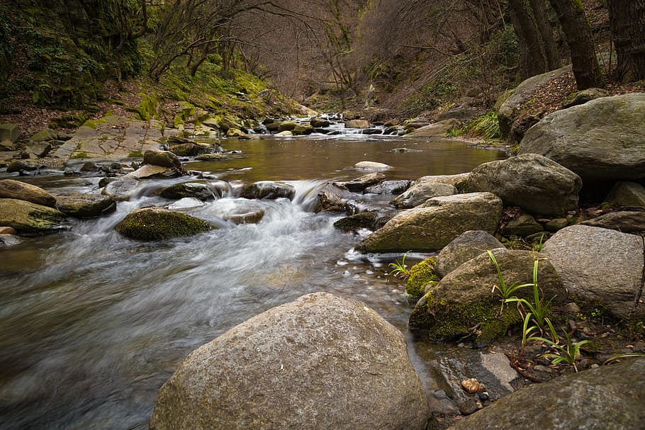 boulder, cascade, creek, environment, flow, forest, landscape HD wallpaper