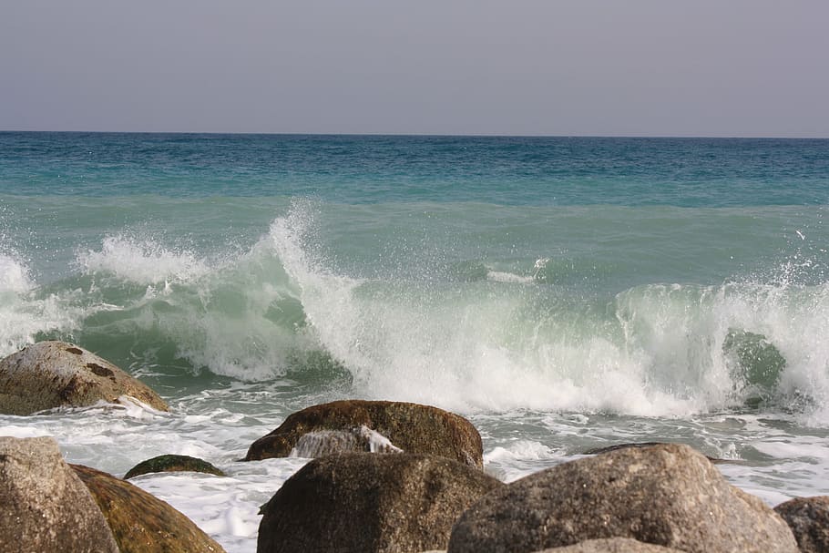 sea, stone, beach, water, wave, motion, rock, scenics - nature HD wallpaper