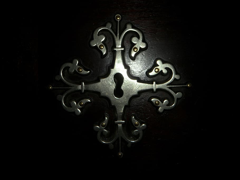 silver metal scrolled key hole, fitting, old, door, door lock