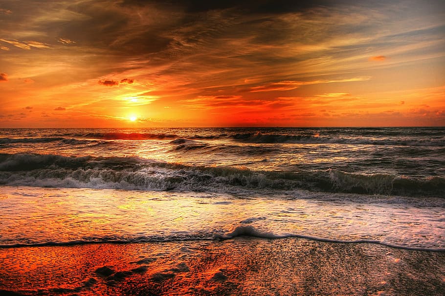 sea under clouds at sunset, denmark, summer, nature, landscape HD wallpaper