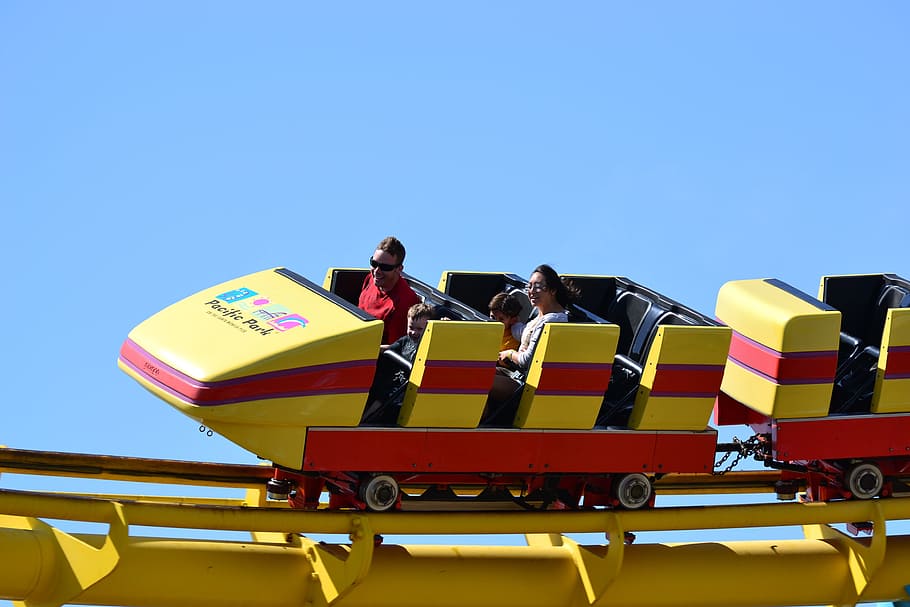 yellow and red roller coaster, Amusement Park, Fun, fair, family HD wallpaper