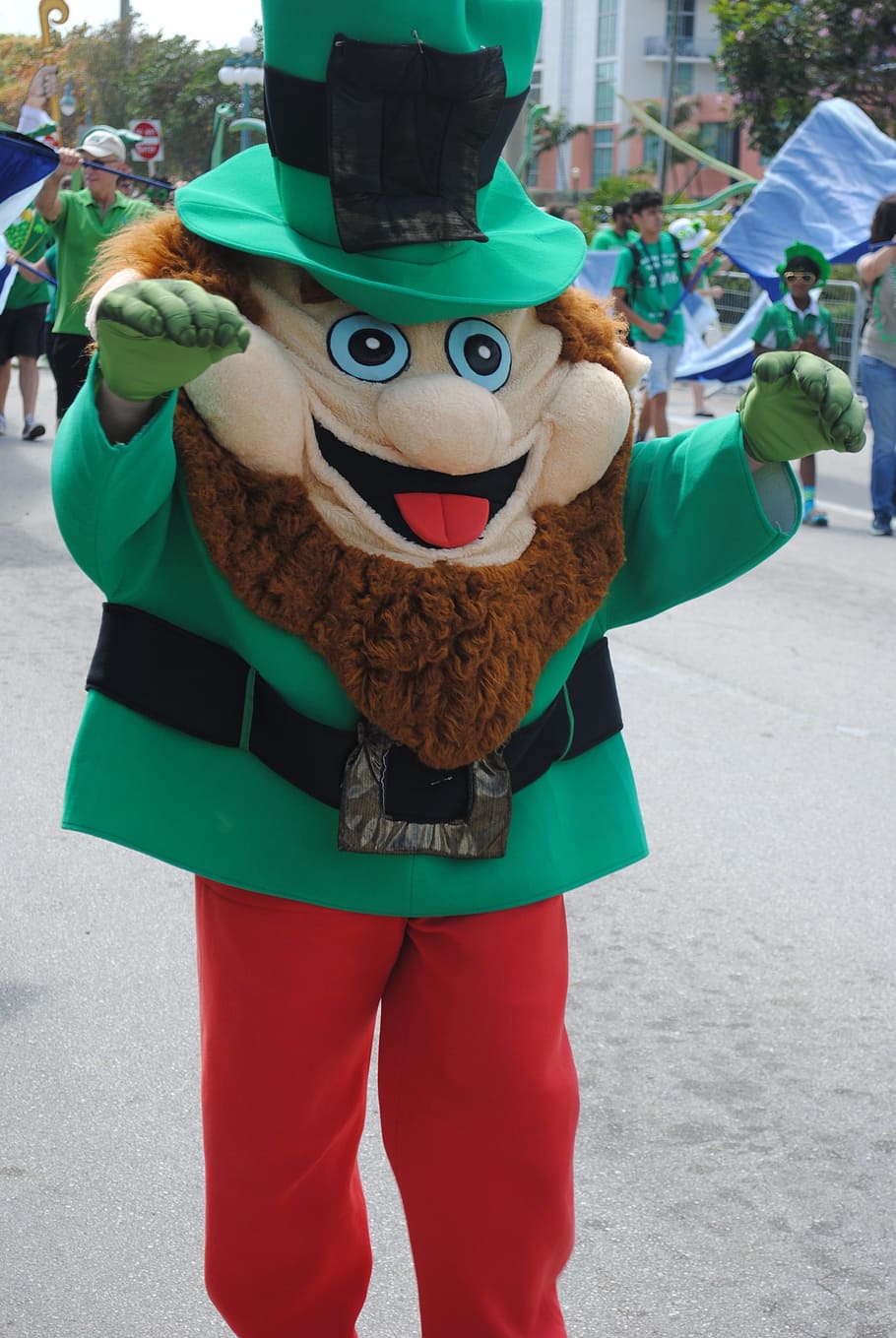 green dwarf mascot walking on street, St Patrick'S Day, Parade