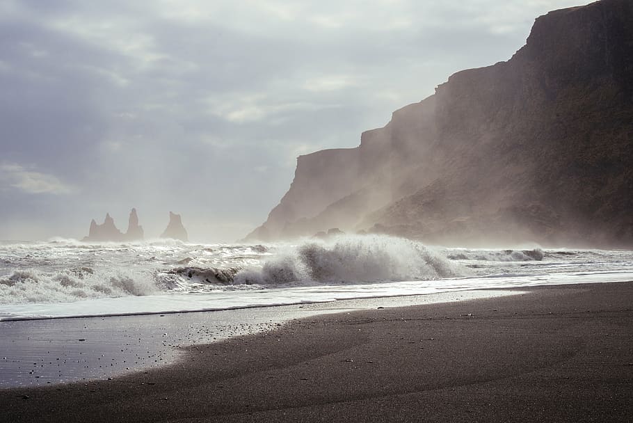 body of water near mountains, surf, waves, shore, ocean, beach HD wallpaper