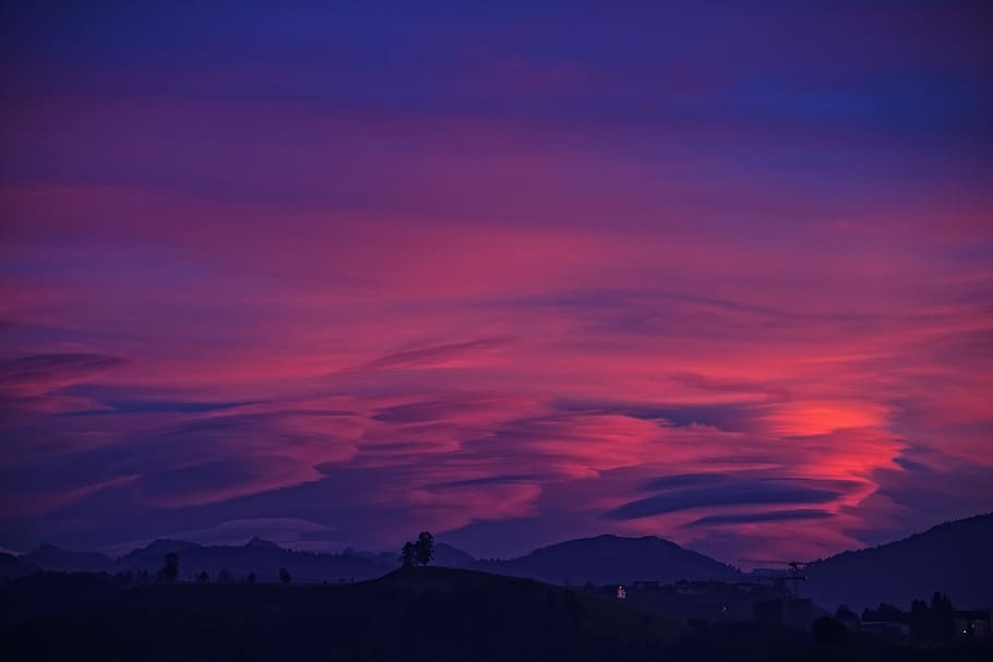 silhouette photo of trees and mountains, silhouette of trees on hill under red sky HD wallpaper