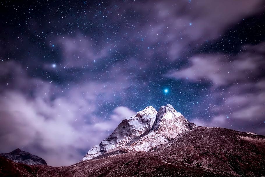 snowy mountain during night time, himalayas, mountains, sky HD wallpaper