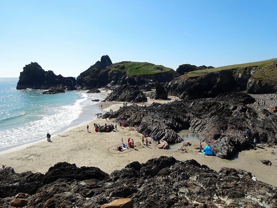 cornwall, coast, beach, england, rock, united kingdom, sea HD wallpaper