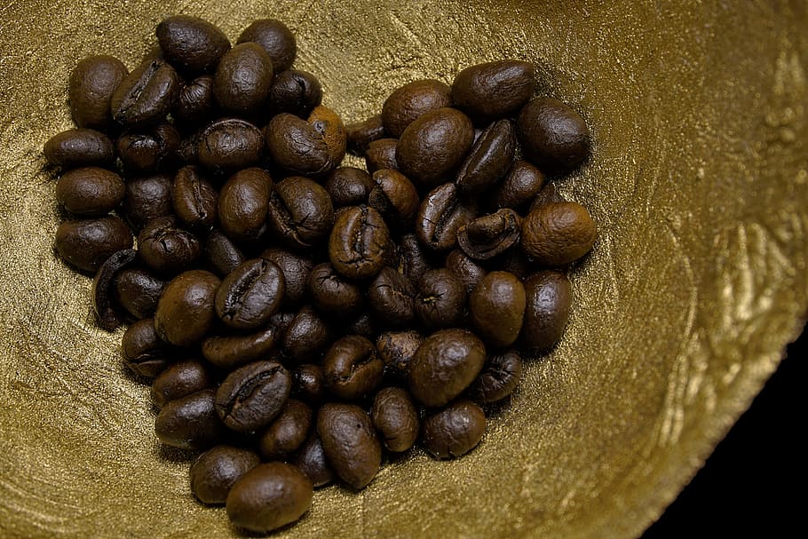 coffee, heart, gold, coffee beans, brown, love, espresso, aroma, HD wallpaper