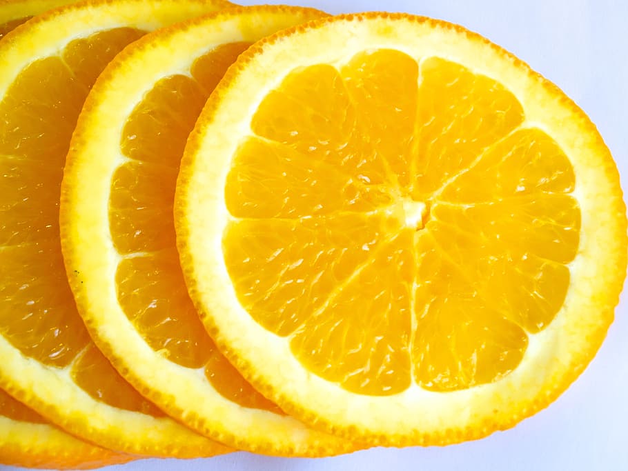sliced of lemon fruit, orange, discs, kitchen, fruity, color HD wallpaper