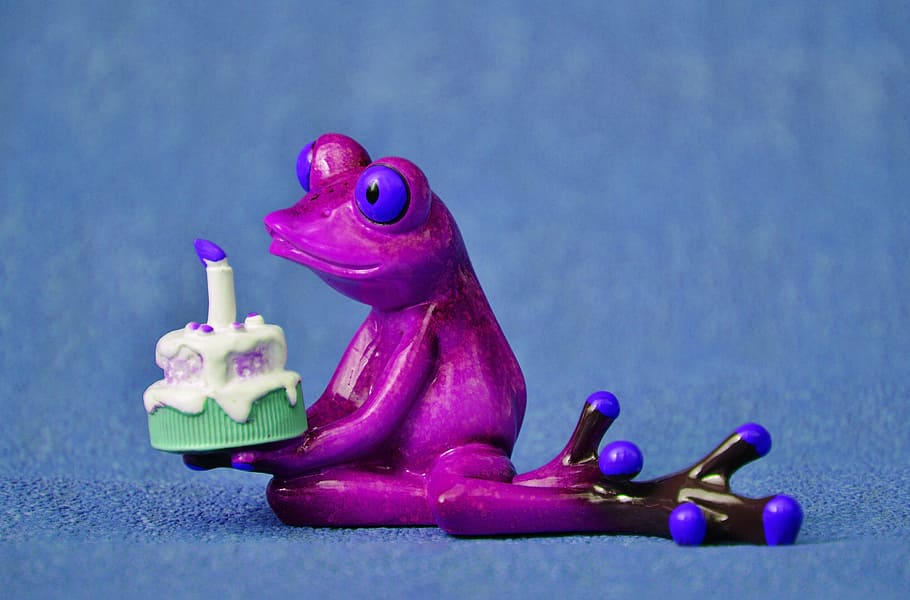 purple frog holding cake, happy birthday, greeting, greeting card, HD wallpaper