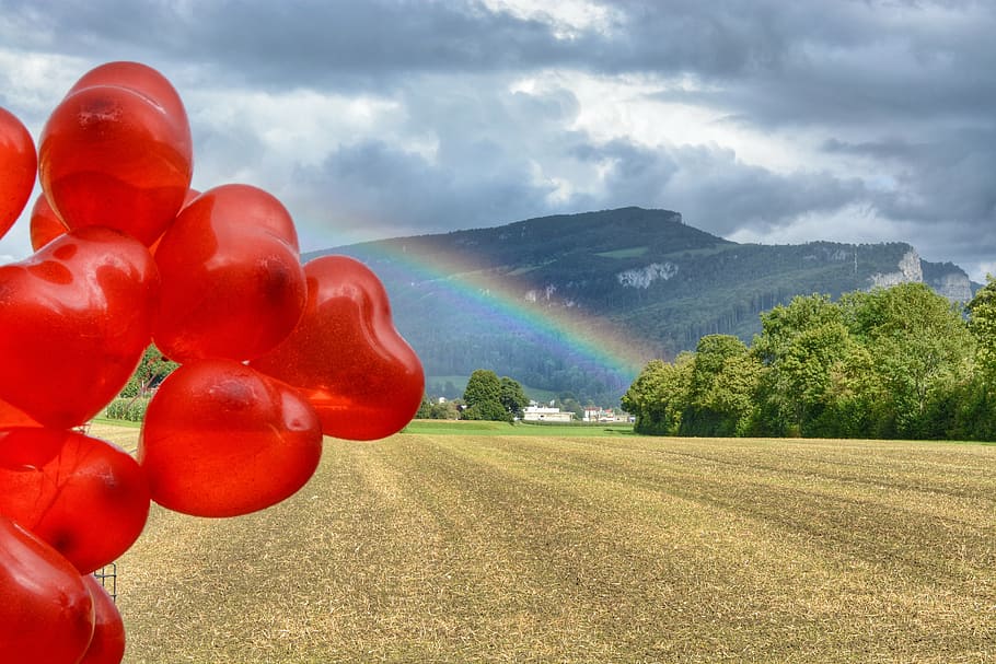 rainbow, nature, field, mood, landscape, sky, red, balloons HD wallpaper