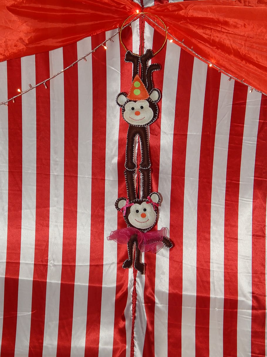 circus, monkey, felt, red, representation, no people, striped HD wallpaper
