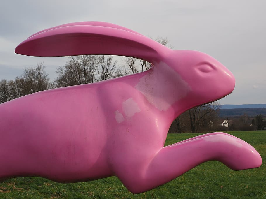 hare, jump, bunny jump, running away, bounce away, pink, artwork, HD wallpaper