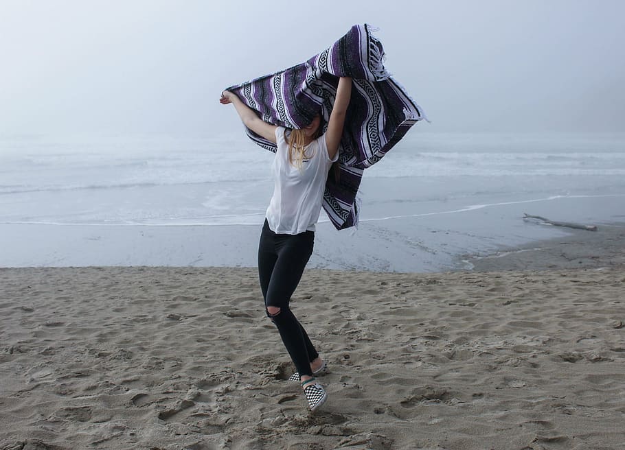 smiling woman dancing on seashore during daytime, wearing, white HD wallpaper