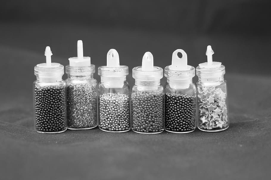 jars, tinsel, capacity, manicure, ornament, jewelry, black and white, HD wallpaper