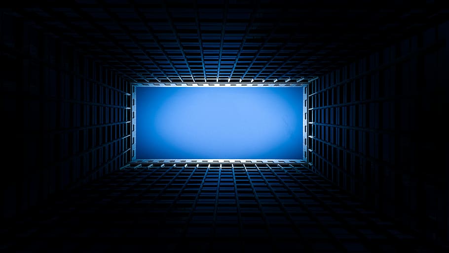 low angle photography of building, blue high-rise building, skylight HD wallpaper