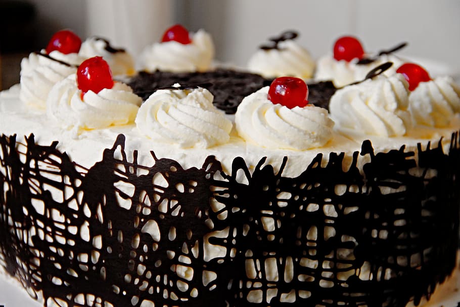 black forest cake, cream cake, cherry pie, chocolate cake, eat