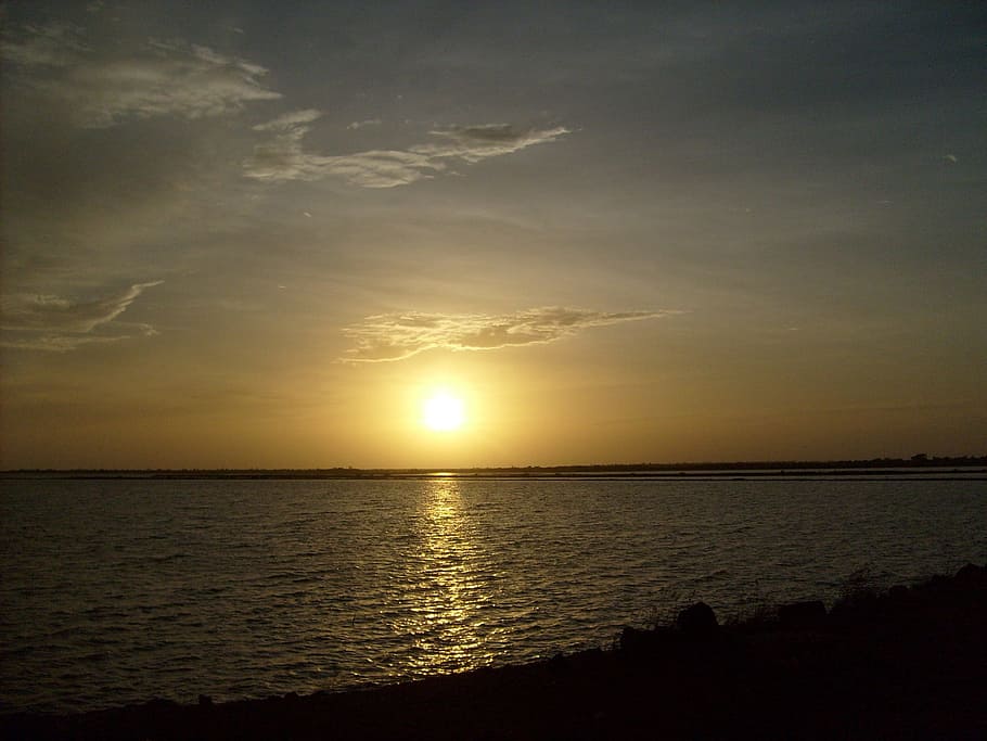 Yellow, Setting Sun, Evening, Sky, evening sky, red, sea, water HD wallpaper
