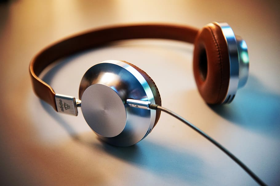 gray and brown corded headphones, earphone, technology, audio