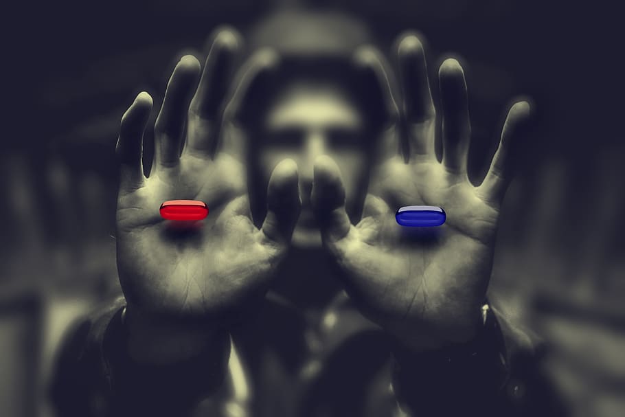 man holding red and blue pills, desktop, people, human, hand