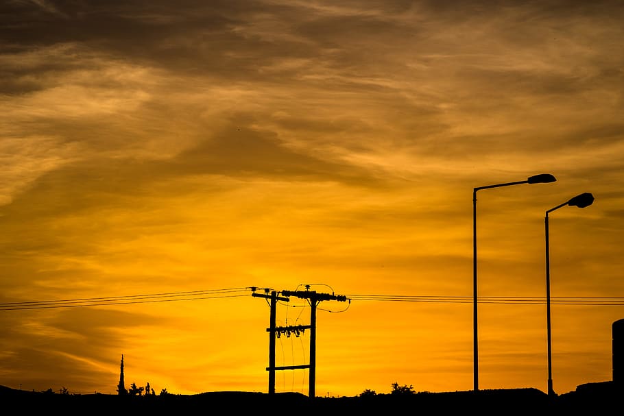 silhouette of communication tower during sunset, silhouette of post lamp during golden hour HD wallpaper