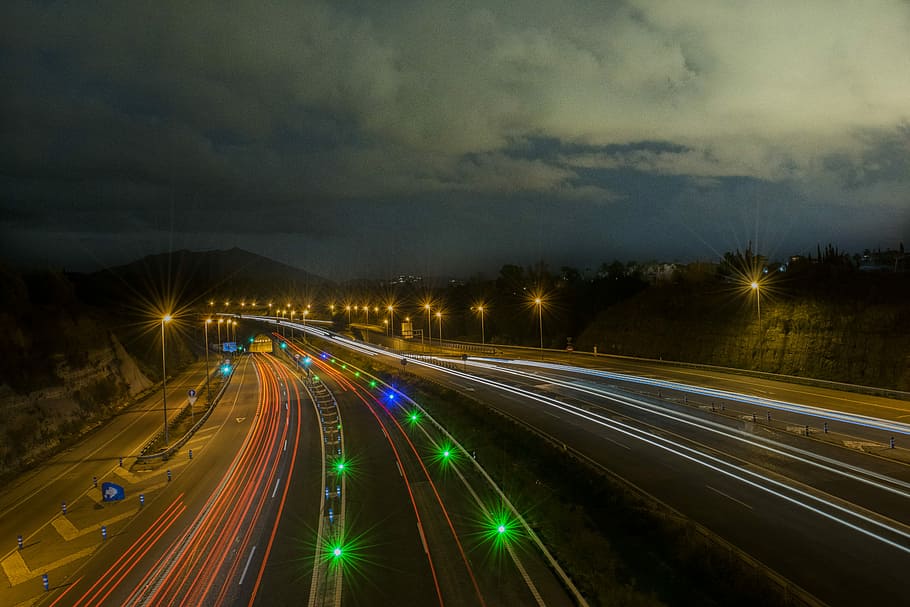 Stelae, Road, Night, Lights, Clouds, transport, lane, car, travel HD wallpaper