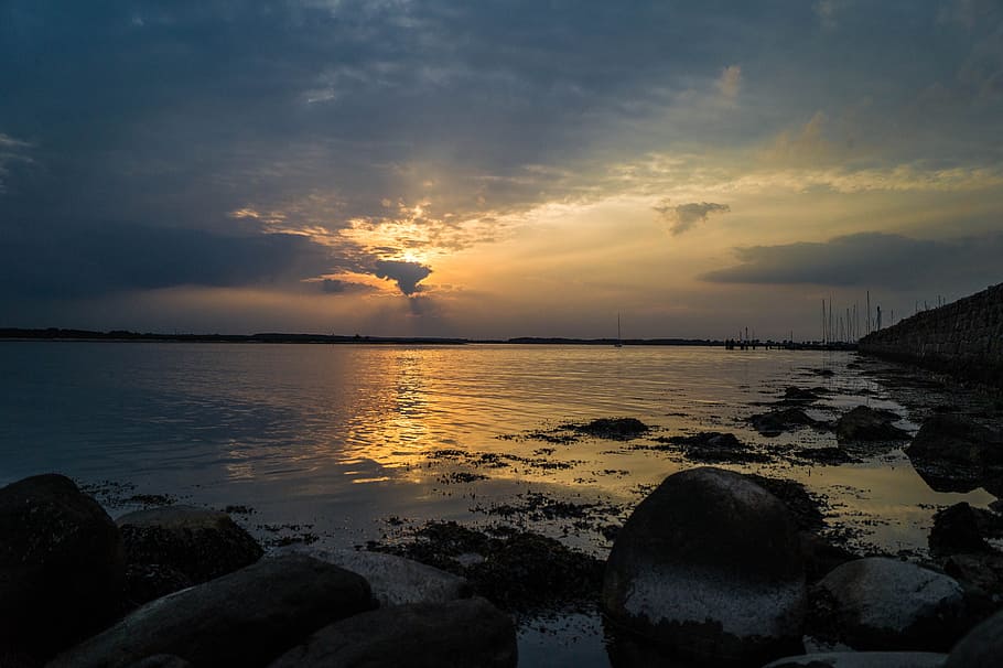 approximately, sunset, schlei, mole, sky, water, cloud - sky HD wallpaper