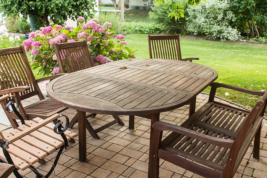 outdoor oval wooden table and chairs, garden, garden furniture, HD wallpaper