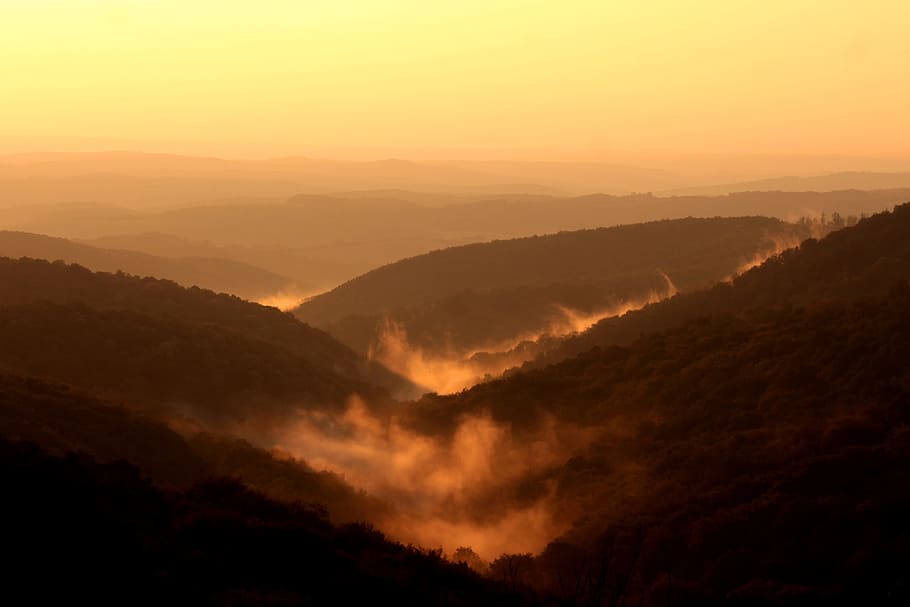 top view photography of brown hills at golden hour, mountains HD wallpaper