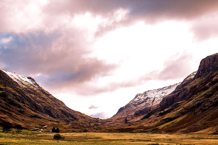Grass Field Between Two Mountains, clouds, countryside, daylight HD wallpaper
