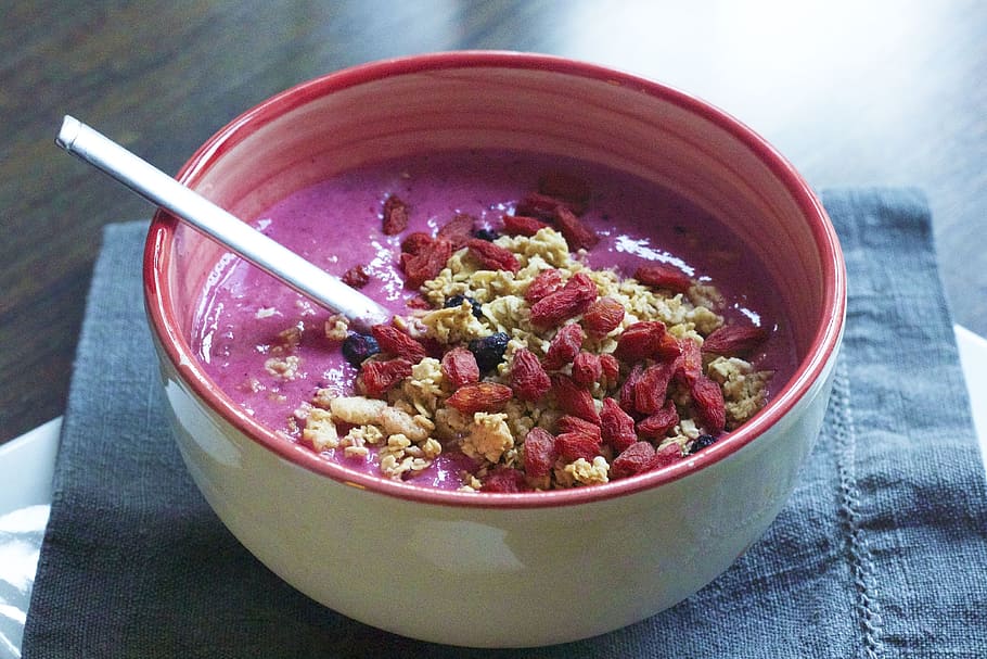 bowl of cereals, smoothie, breakfast, blueberry, healthy, vegan, HD wallpaper