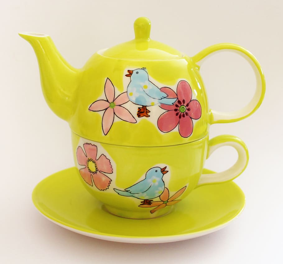 green-red-and-blue bird and flower print teacup and teapot set HD wallpaper