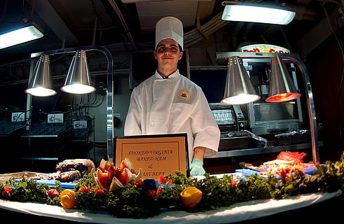 man wearing white chef uniform and teal gloves, kitchen, food HD wallpaper