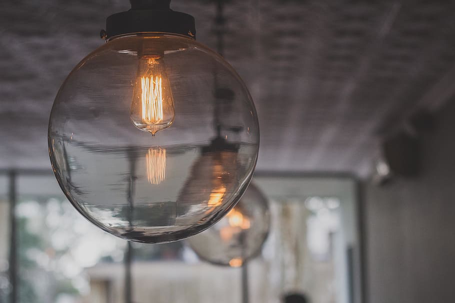 turned on round glass lamp, light, fixture, lighting, interior HD wallpaper