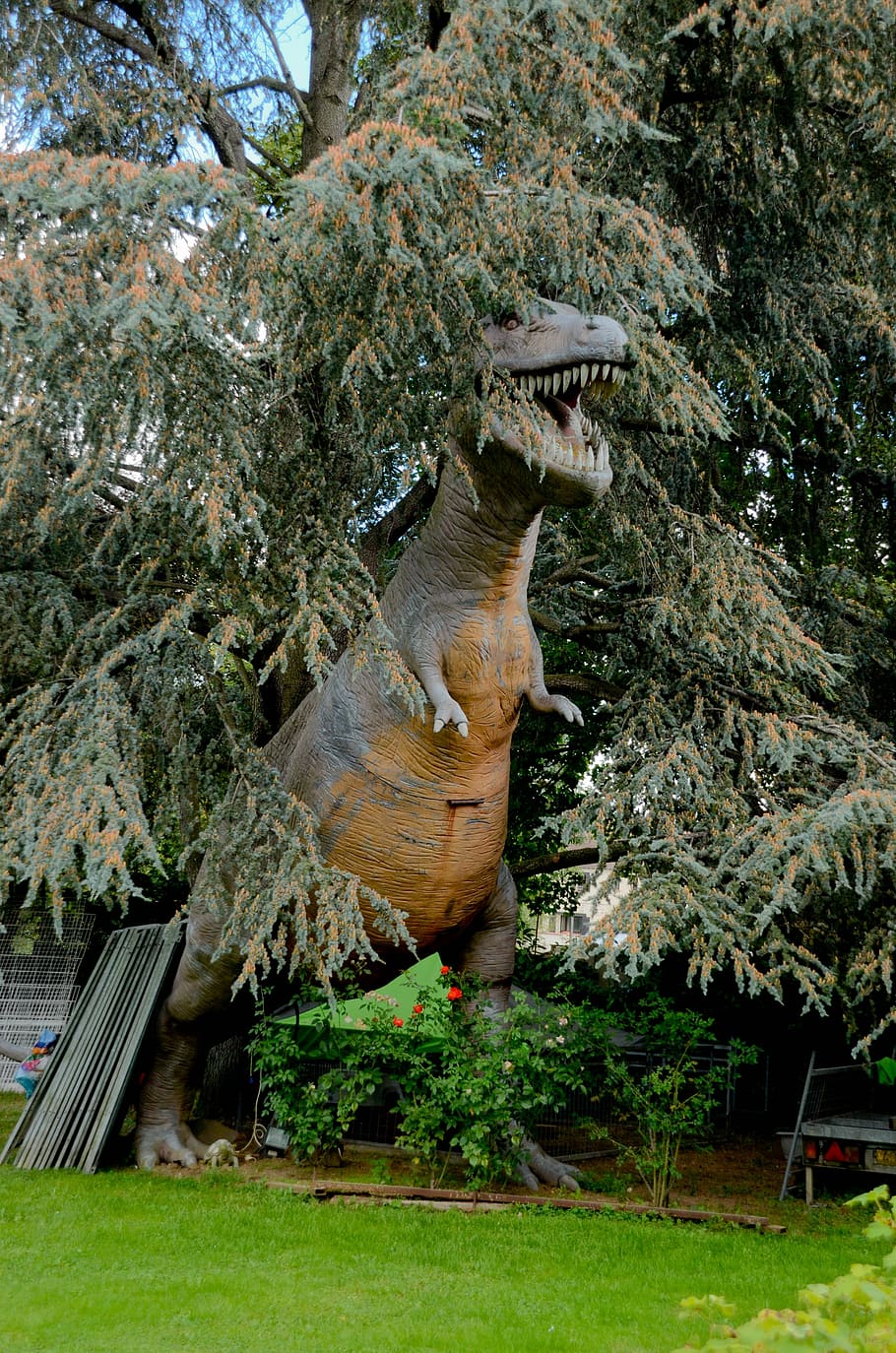 dinosaur, park, prehistory, plant, tree, growth, grass, representation HD wallpaper