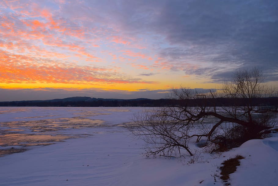 winter, landscape, ice, snow, sky, sunset, nature, cold, blue HD wallpaper
