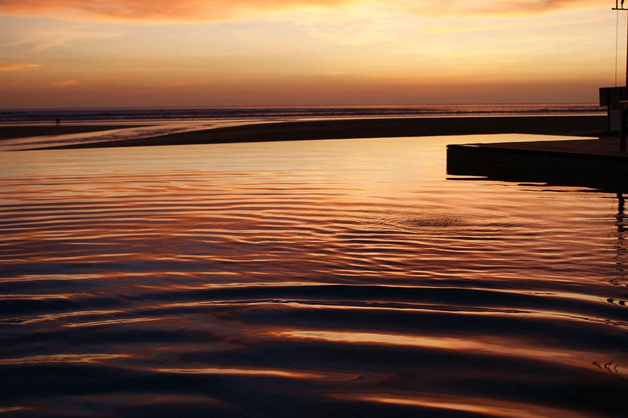 sunset, waters, dawn, dusk, evening, reflection, nature, beach HD wallpaper