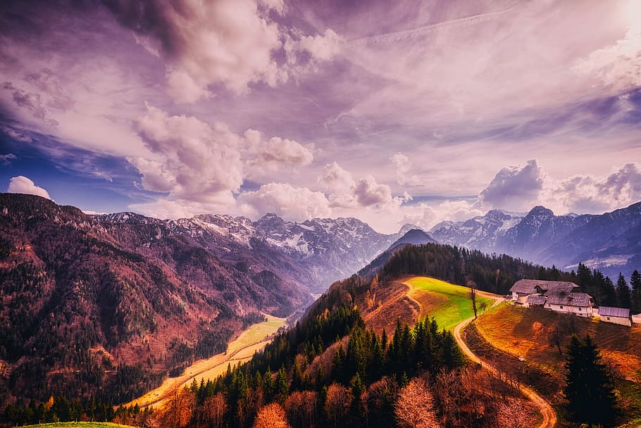 green trees and mountains under white clouds and blue sky during daytime HD wallpaper