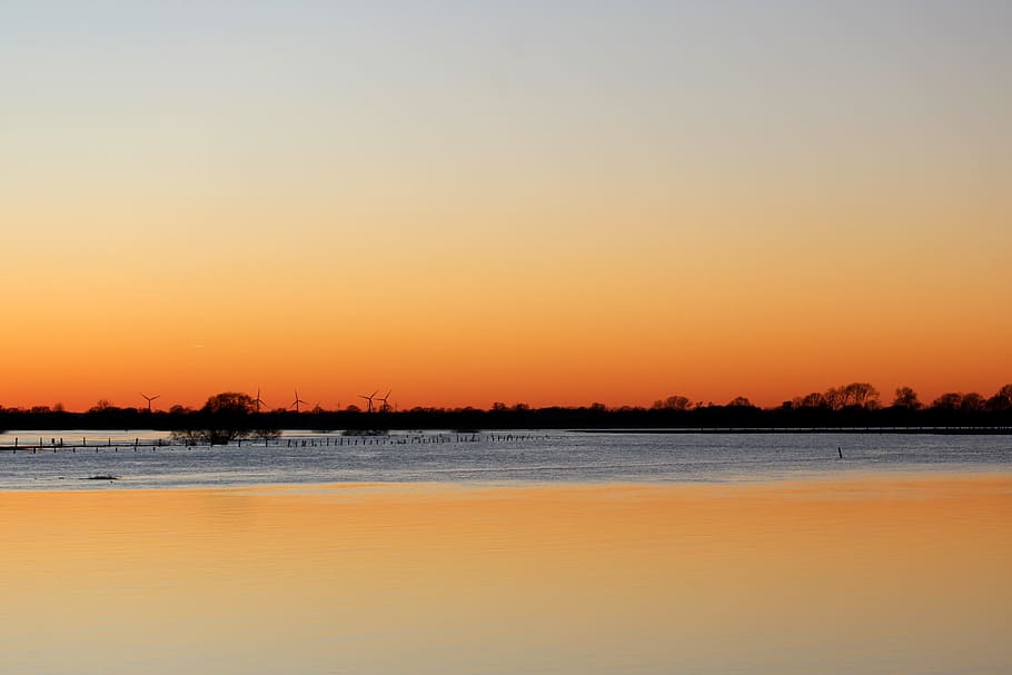 sunset, dawn, waters, dusk, evening, weser, bremen, river, orange HD wallpaper