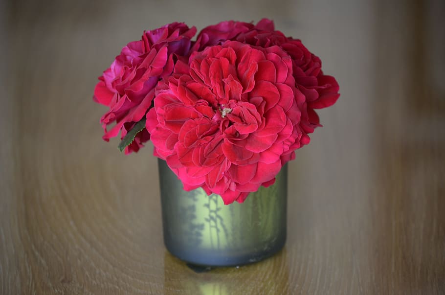 red, table decorations, bouquet, roses, vase, flowers, summer HD wallpaper
