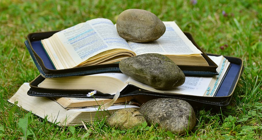 brown rock on top of opened book, Bible, Pitched, Read, christian literature