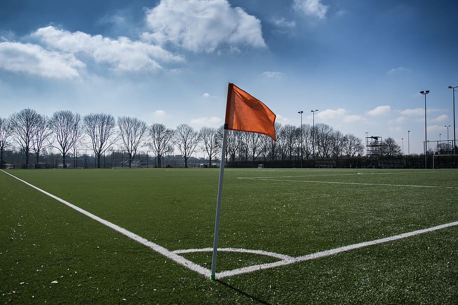 orange flag on sports field, football, soccer, pitch, corner, HD wallpaper