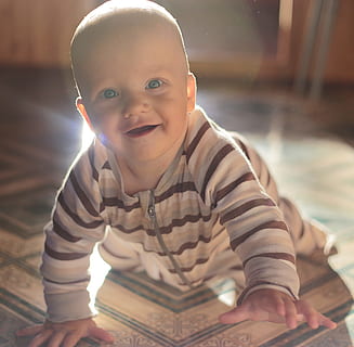 baby in black and grey strip footed sleeper crawling, kid, smile HD wallpaper