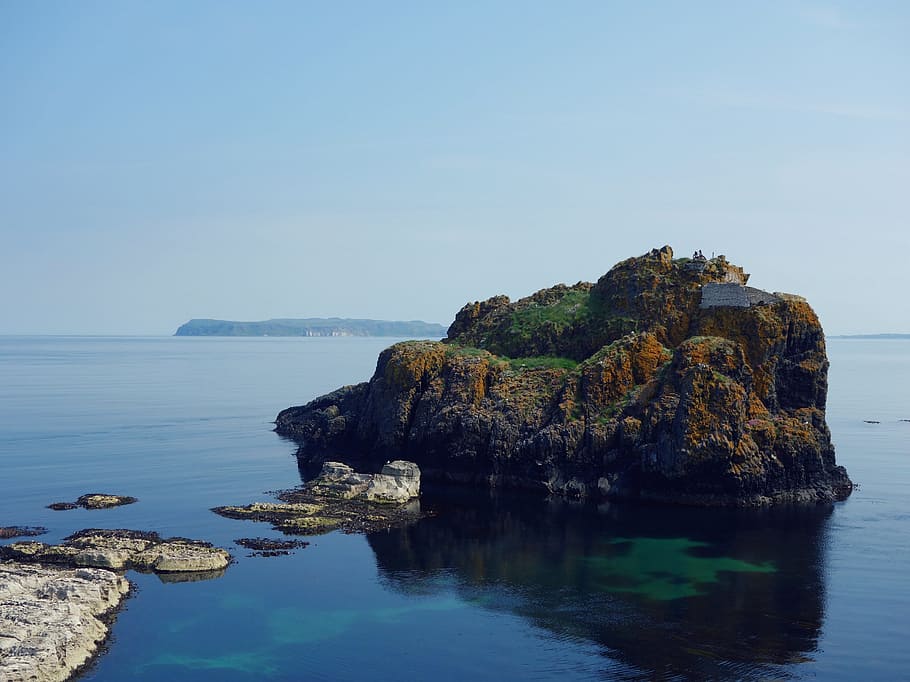 rocks, grass, sea, ocean, water, blue, sky, clouds, island HD wallpaper